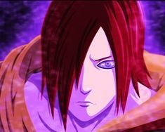 Anime close-up of Nagato with red hair partly covering his face, pale skin, concentric Rinnegan eyes and a glowing purple chakra aura, wearing an orange cloak and an intense, determined expression.