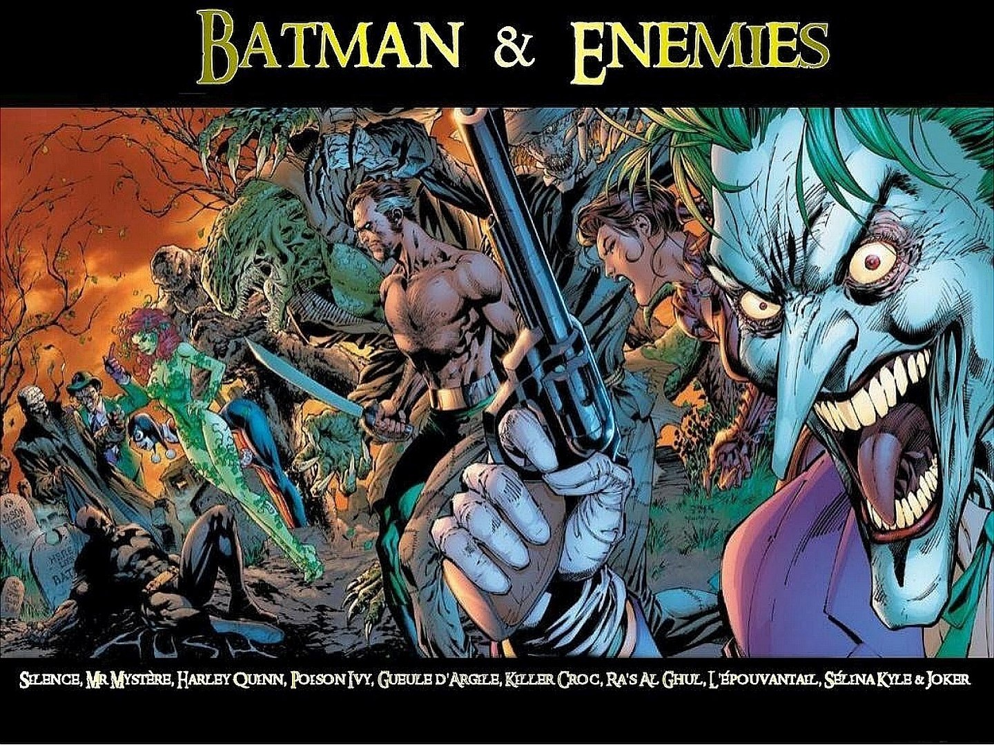 A dynamic comic-style illustration featuring Batman surrounded by his iconic enemies, including the Joker and Harley Quinn, set against a vibrant, ominous backdrop.