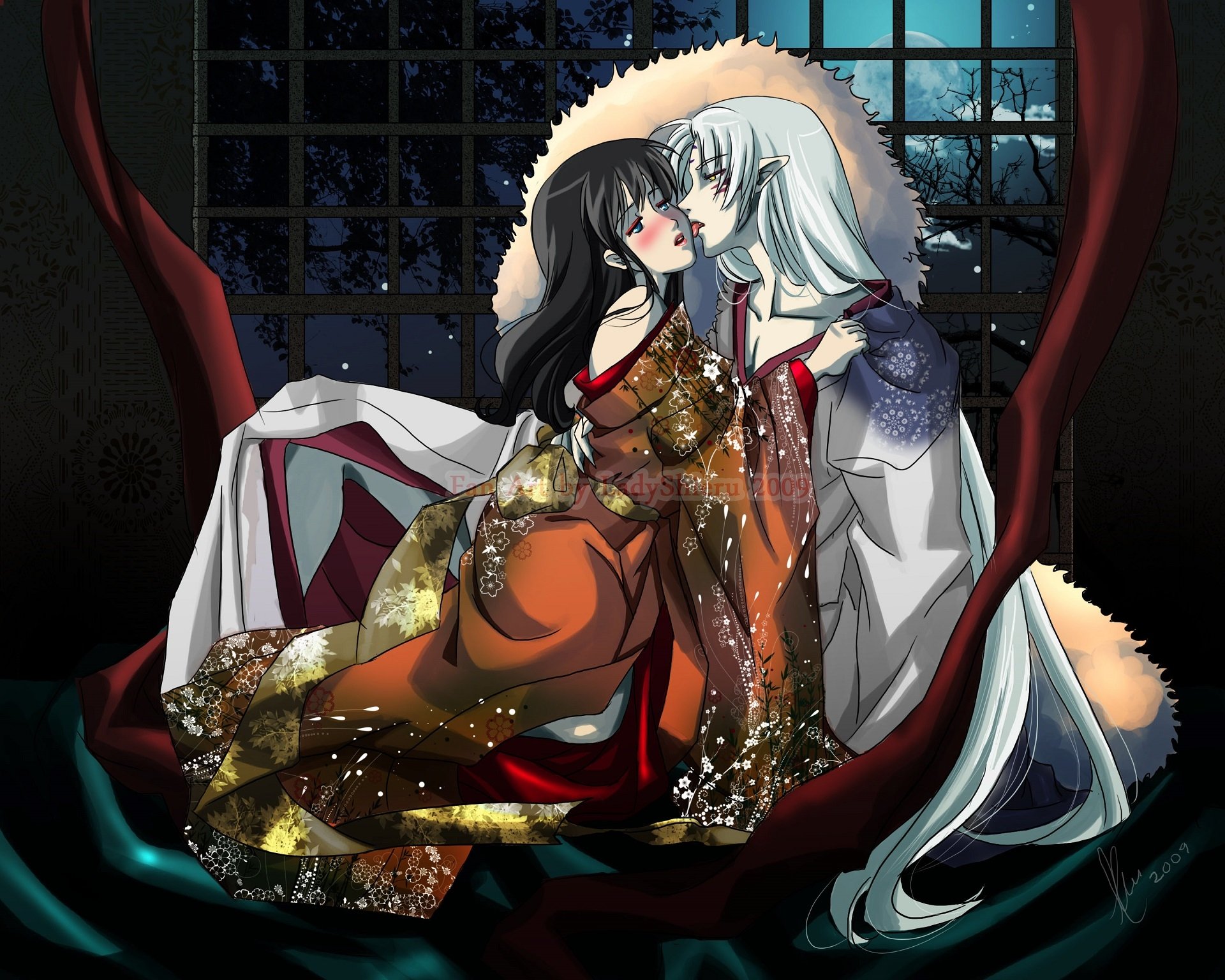 Kikyô and InuYasha from the anime InuYasha share an intimate moment in a dimly lit room under the moonlight, showcasing their complex relationship.