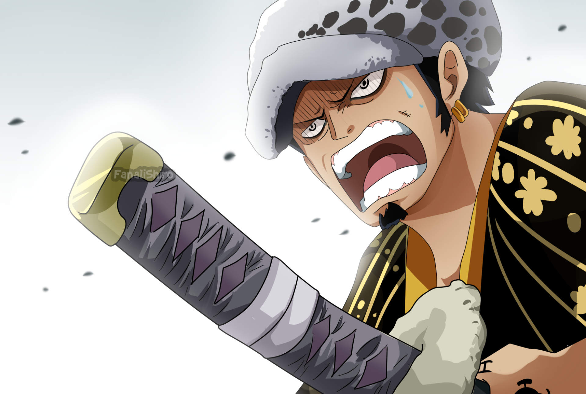 Trafalgar Law from One Piece yelling fiercely, clutching his nodachi, wearing his spotted hat and black kimono, sweat and determination on his face.