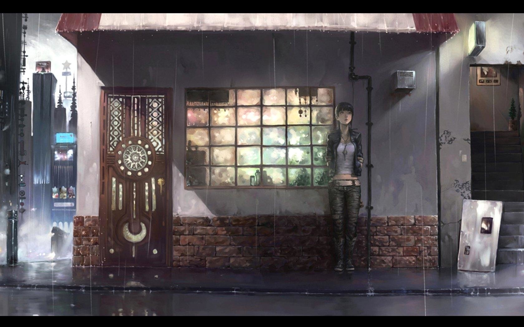 A rainy anime street scene depicts a figure standing by a cozy building, illuminated by colorful window panes, with puddles reflecting the soft glow of city lights.