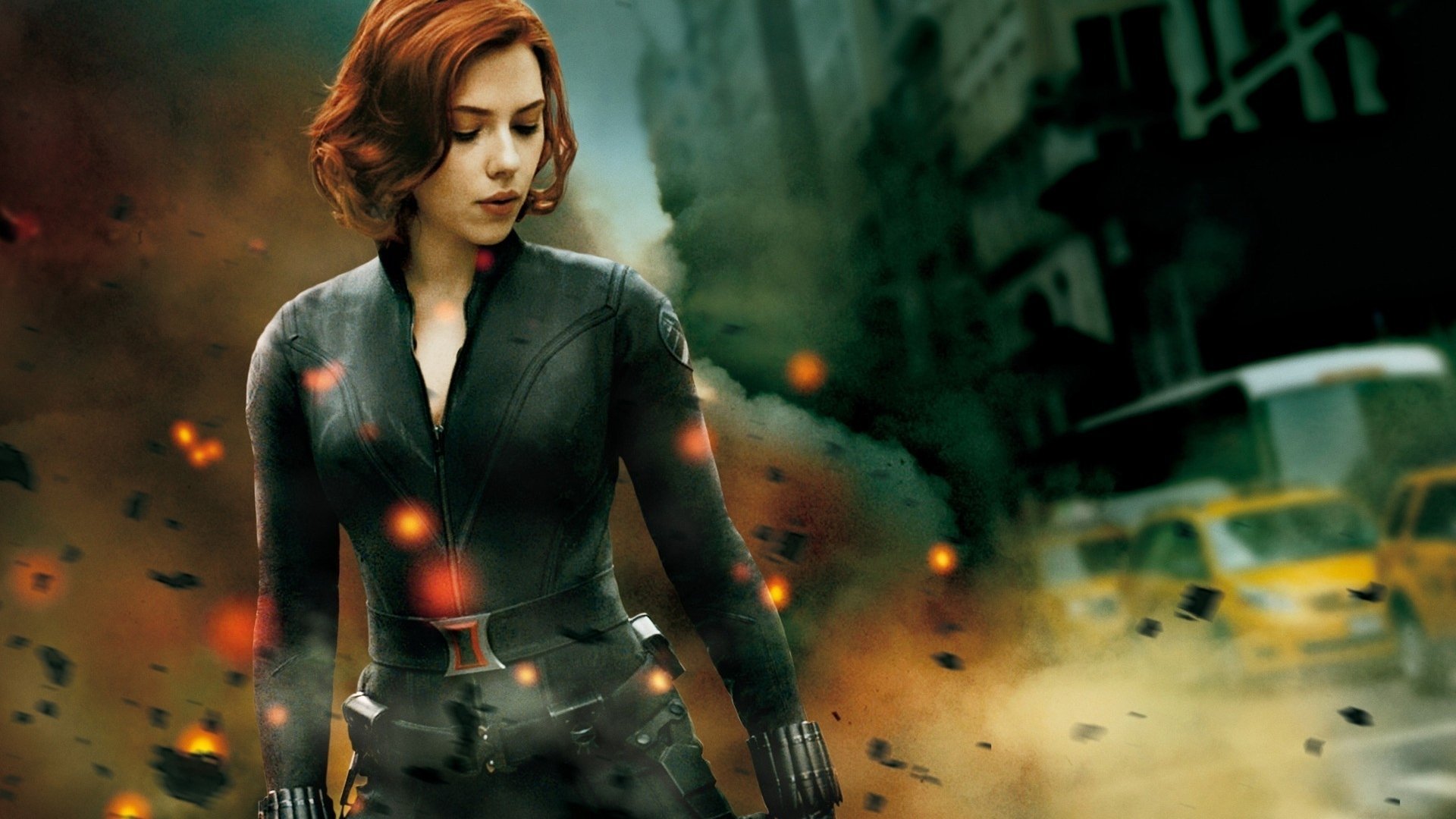 Natasha Romanoff (Black Widow) in a black tactical suit amid smoke and debris on a ruined city street, cinematic Avengers movie shot.