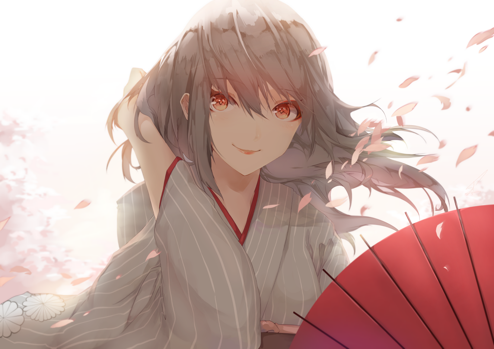 Download Kimono Red Eyes Sakura Umbrella Anime Girl Anime Girl Image