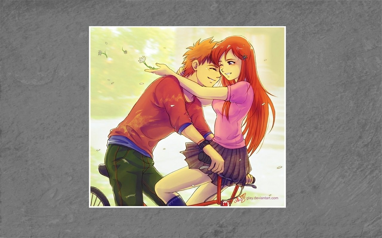 A vibrant anime illustration featuring two characters from Bleach sharing a playful moment on a bicycle, surrounded by soft, fluttering leaves.