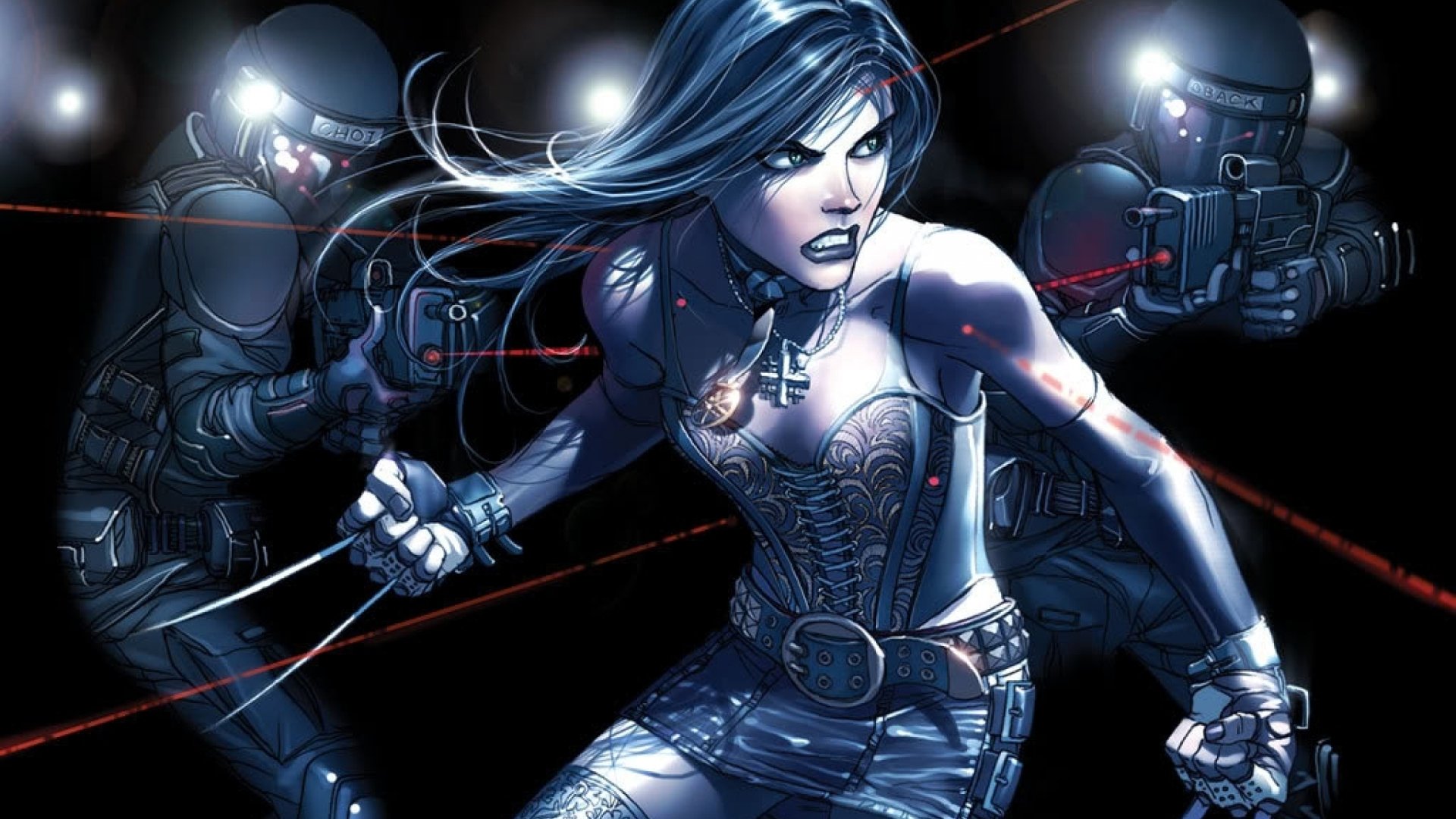 Comic-style X-23 lunges forward, claws extended, snarling as two armored officers with flashlights and laser sights close in under dramatic blue lighting.