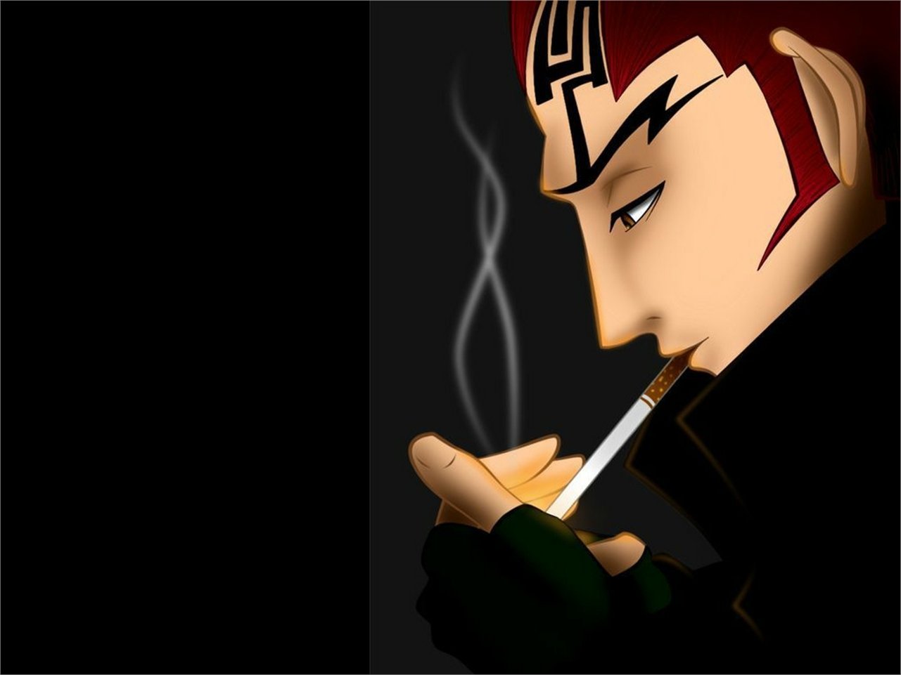 A close-up of an anime character from Bleach, featuring a man with red hair and a distinctive hairstyle, smoking a cigarette against a dark background.