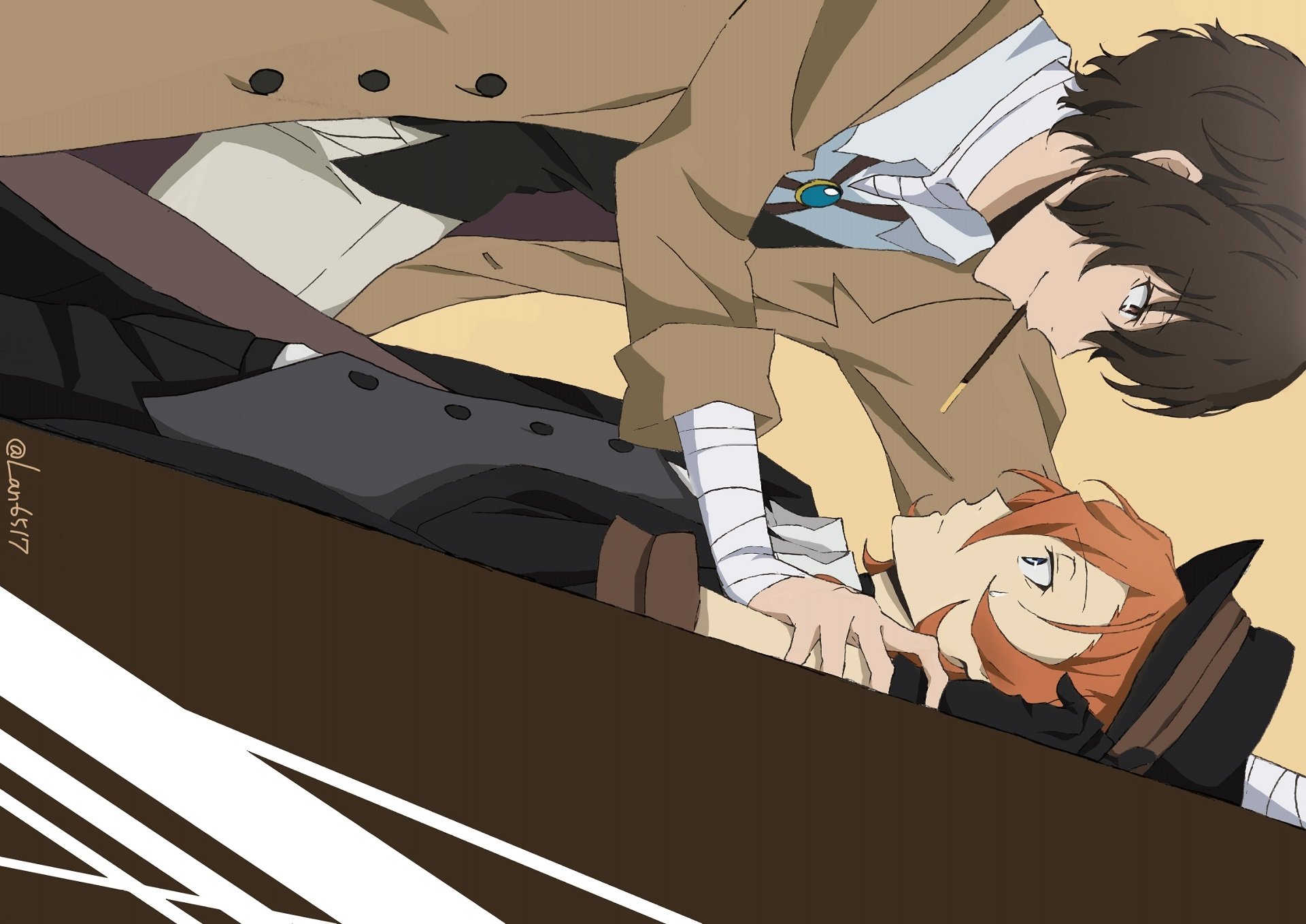 Two characters from the anime Bungou Stray Dogs share an intimate moment, one in a tan trench coat and the other with orange hair and a black hat.