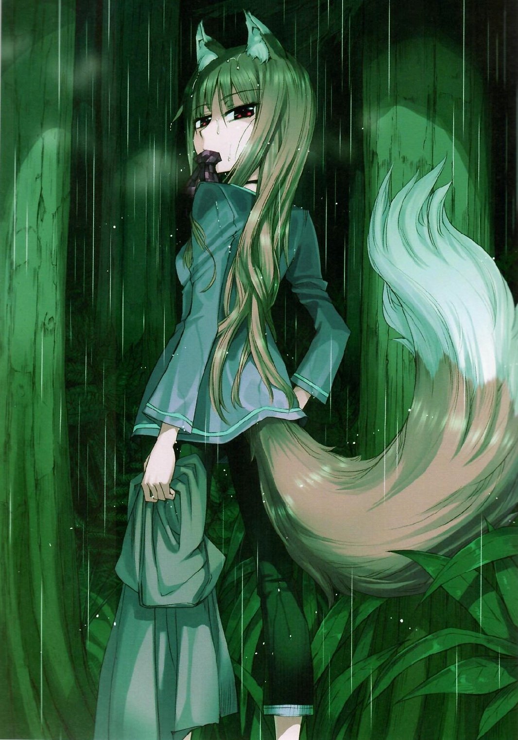 Holo (Spice & Wolf) anime: green-haired wolf deity with ears and a bushy tail stands in a rain-soaked forest, clutching a cloak and looking back.