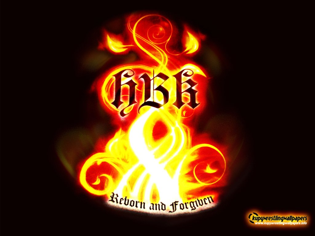 A vibrant graphic featuring the initials HBK surrounded by fiery designs, with Reborn and Forgiven text, representing themes from WWE and the sports entertainment world.