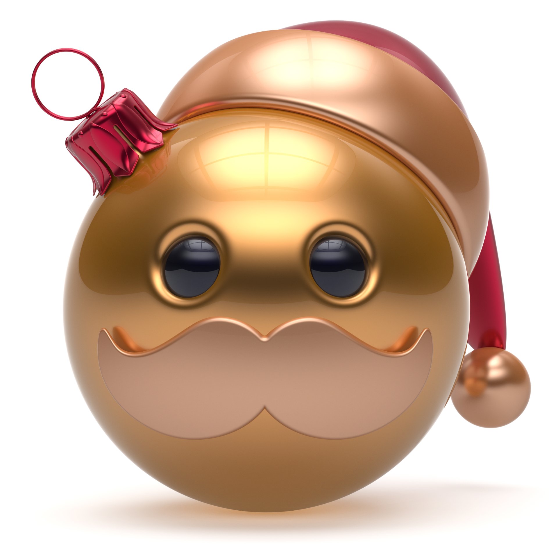 A shiny gold holiday ornament with a mustache, round black eyes, and a red Santa hat, expressing a joyful New Year smiley.