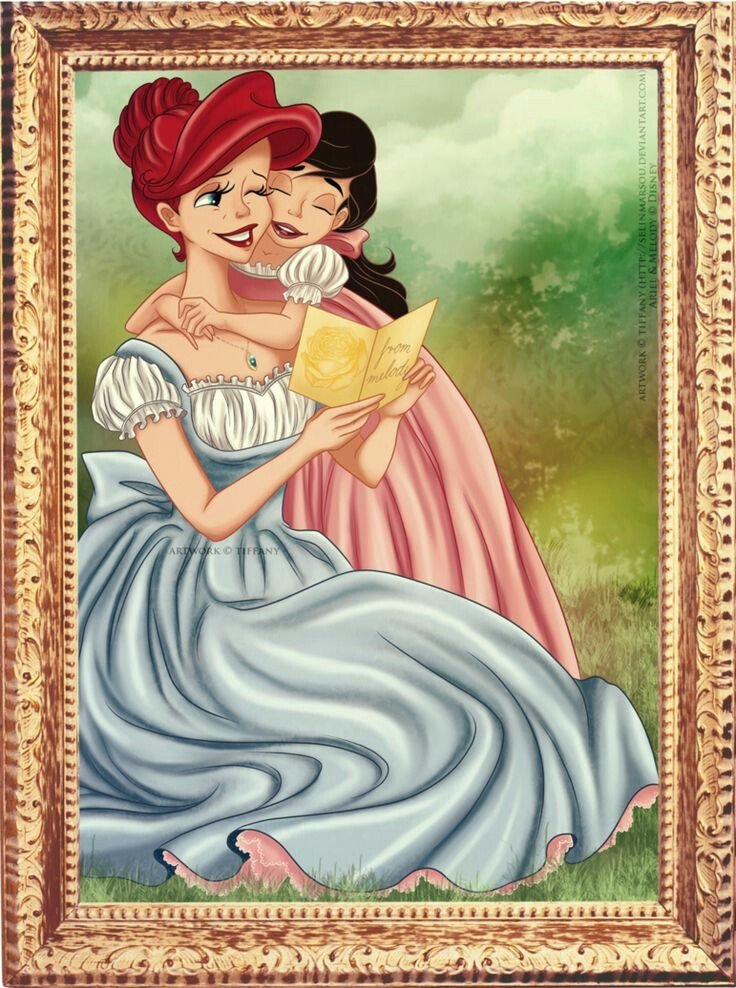 Framed illustration of Ariel (red hair) and daughter Melody (black hair) in flowing dresses, seated on grass reading a book — from the movie The Little Mermaid II: Return to the Sea.