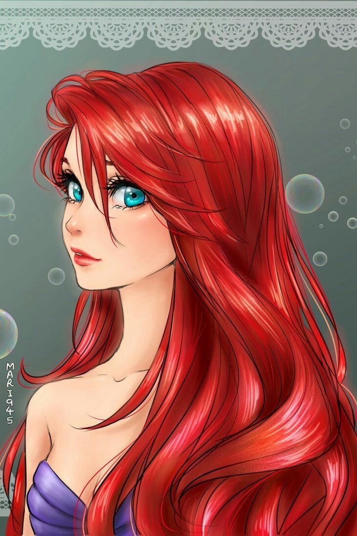 Portrait of Ariel from Disney's The Little Mermaid (1989): red-haired mermaid with flowing hair, bright blue eyes, purple seashell top and bubbles in a soft underwater background.