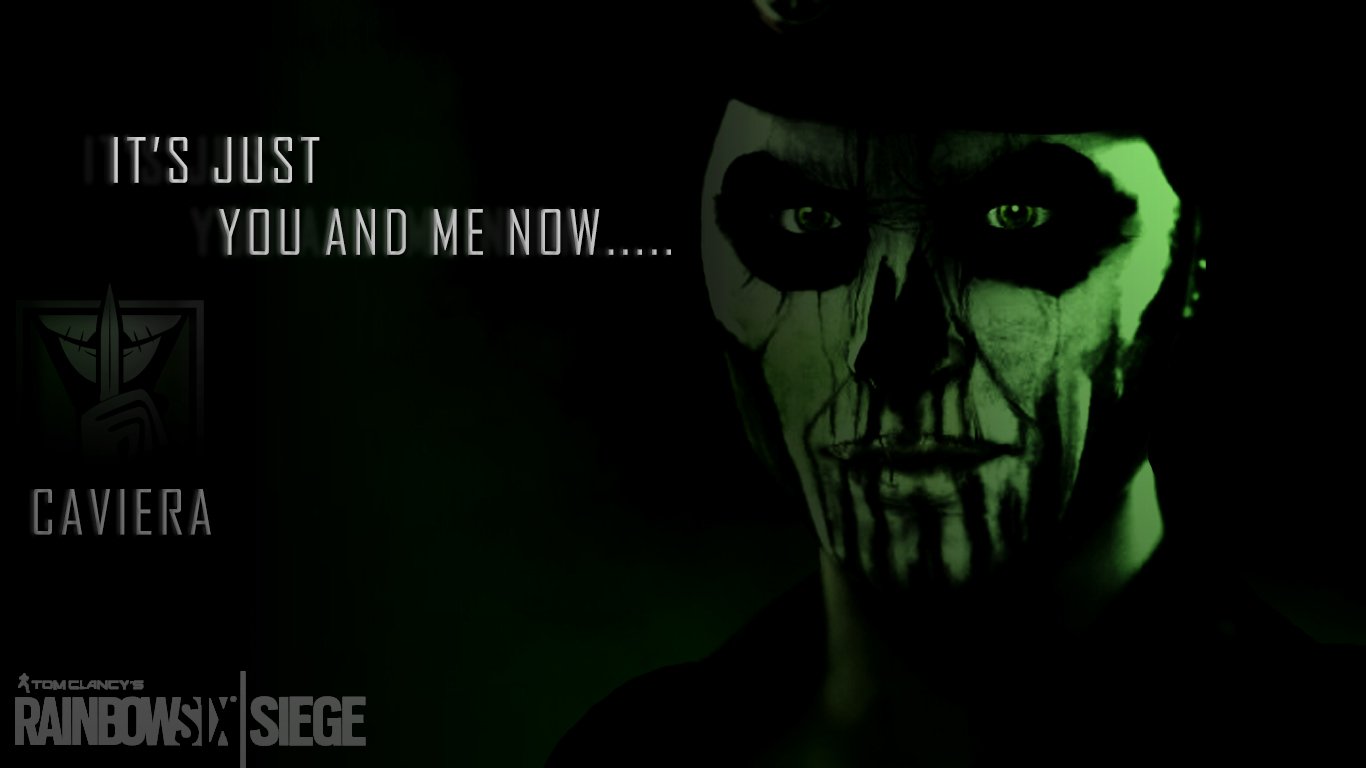 Dark green-lit portrait of Caviera with skull face paint from the video game Tom Clancy's Rainbow Six: Siege, captioned It's just you and me now...