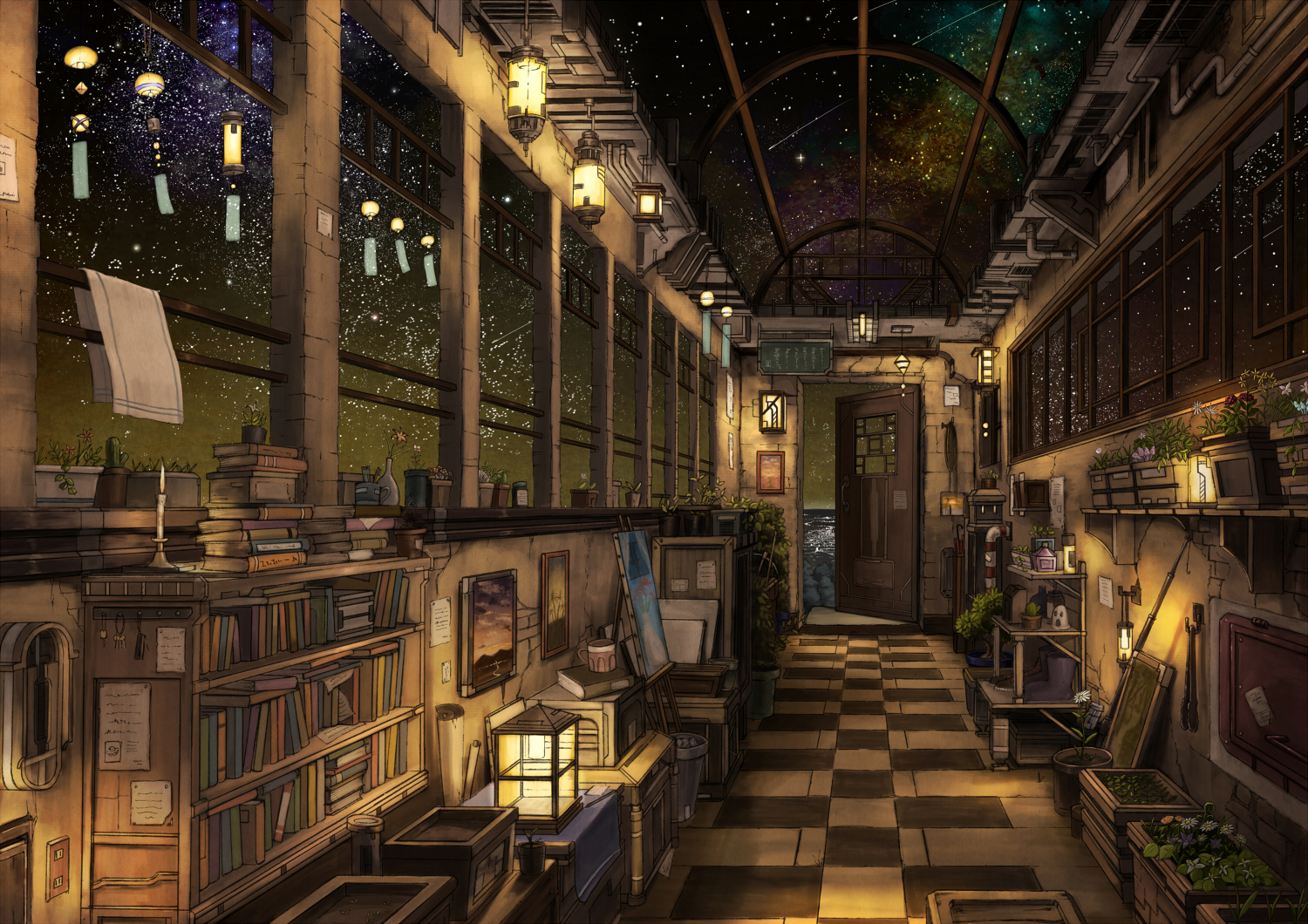 Cozy anime room: narrow library-style workspace with bookshelves, lanterns, checkered floor and a starry glass ceiling, plants and art supplies.
