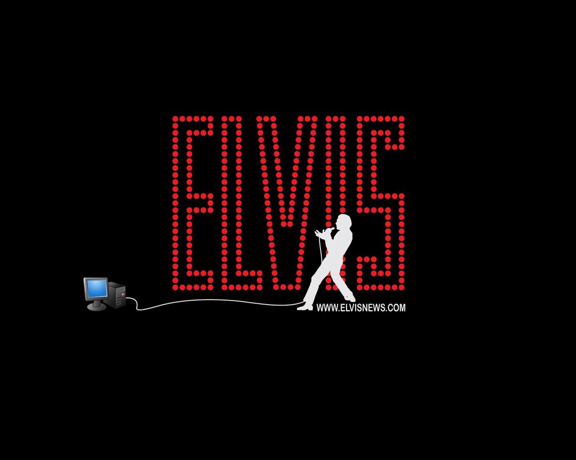 Black background with red marquee lights spelling ELVIS, a white silhouette of a rock & roll singer with microphone and amp, evoking classic rock & roll music.