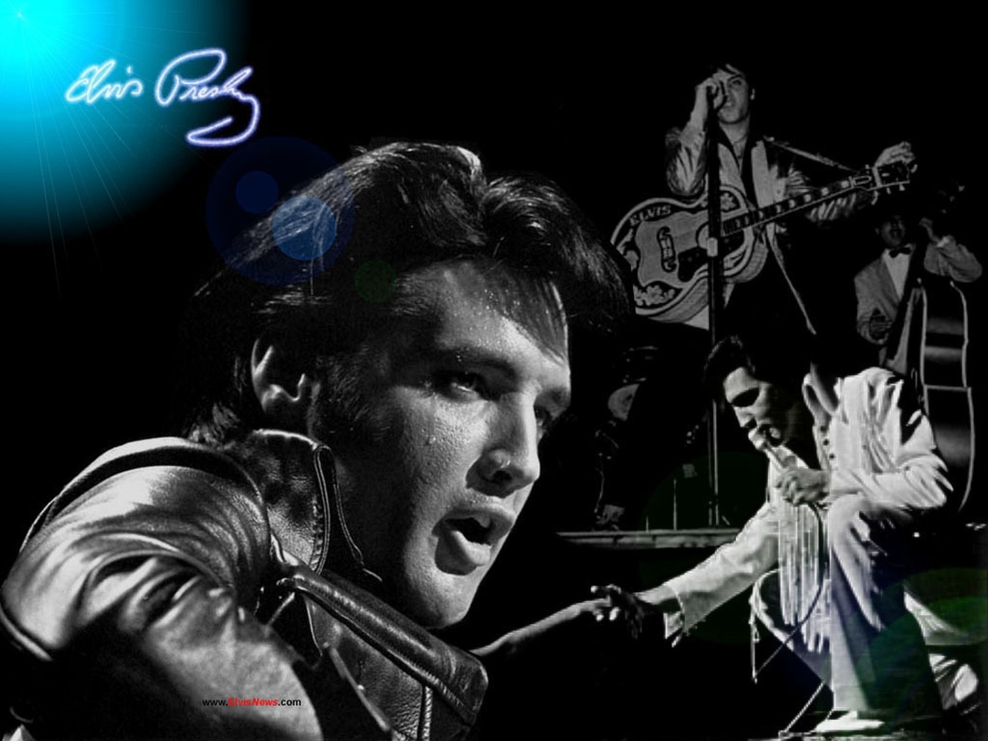 A dynamic collage of Elvis Presley showcasing his iconic Rock & Roll legacy, featuring performances and his signature style in black and white with vibrant highlights.