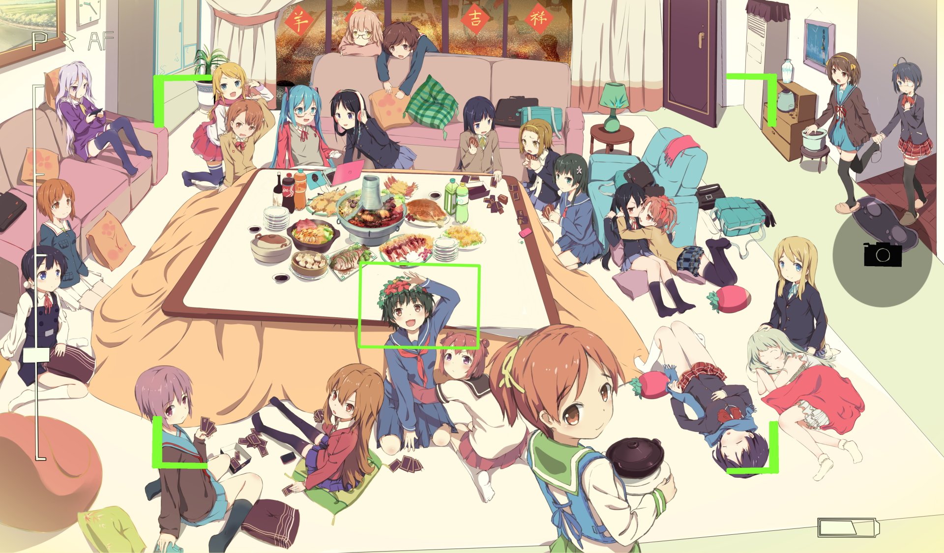 A vibrant anime crossover scene depicts numerous characters gathered around a table filled with food, relaxed on the floor and couches in a cozy, festive setting.
