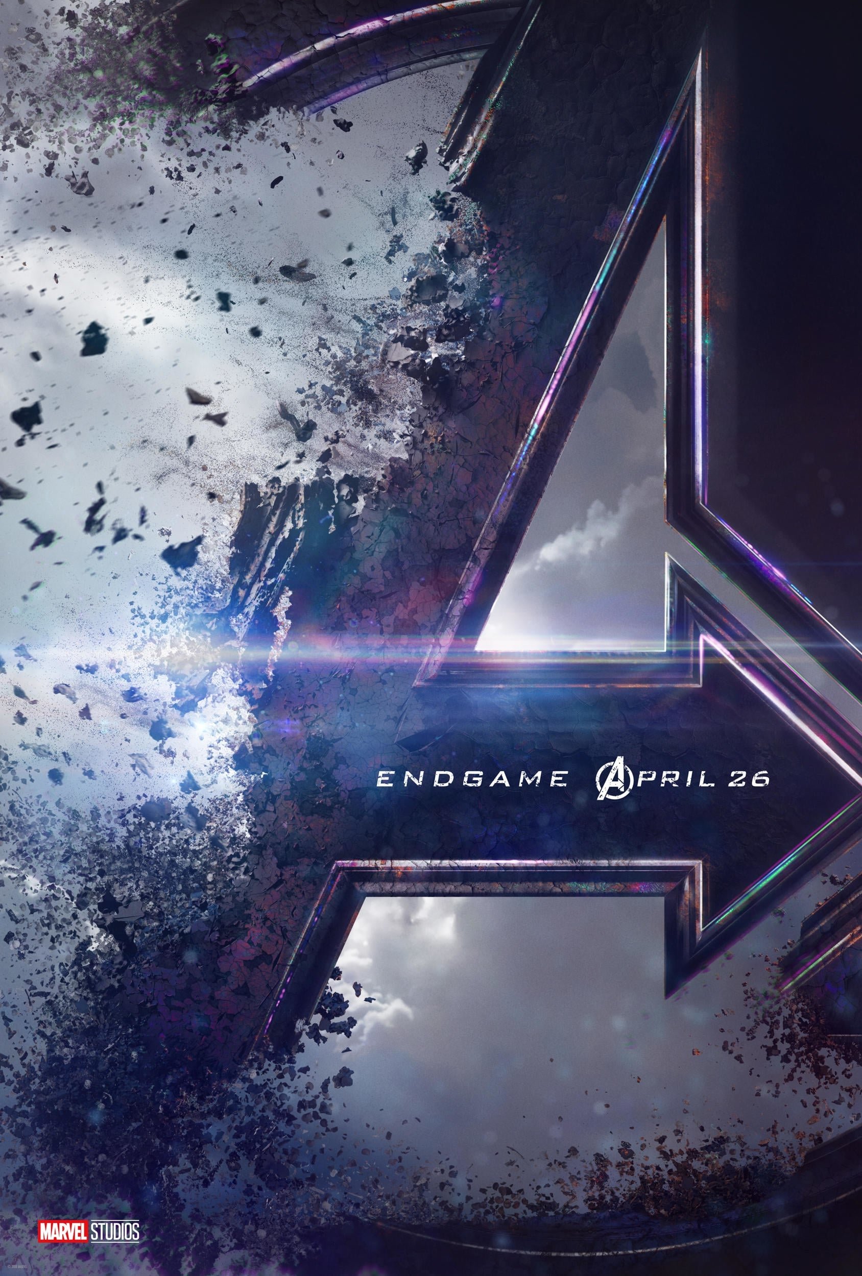 Promotional image for Marvel Studios' Avengers Endgame featuring the iconic Avengers A logo partially disintegrating, with the release date April 26.