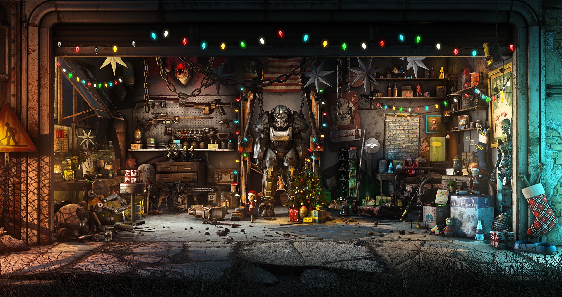 Fallout 4 video game Christmas gaming scene: cluttered garage workshop with a Power Armor suit center, tools, fairy lights and wrapped presents scattered among post‑apocalyptic junk.