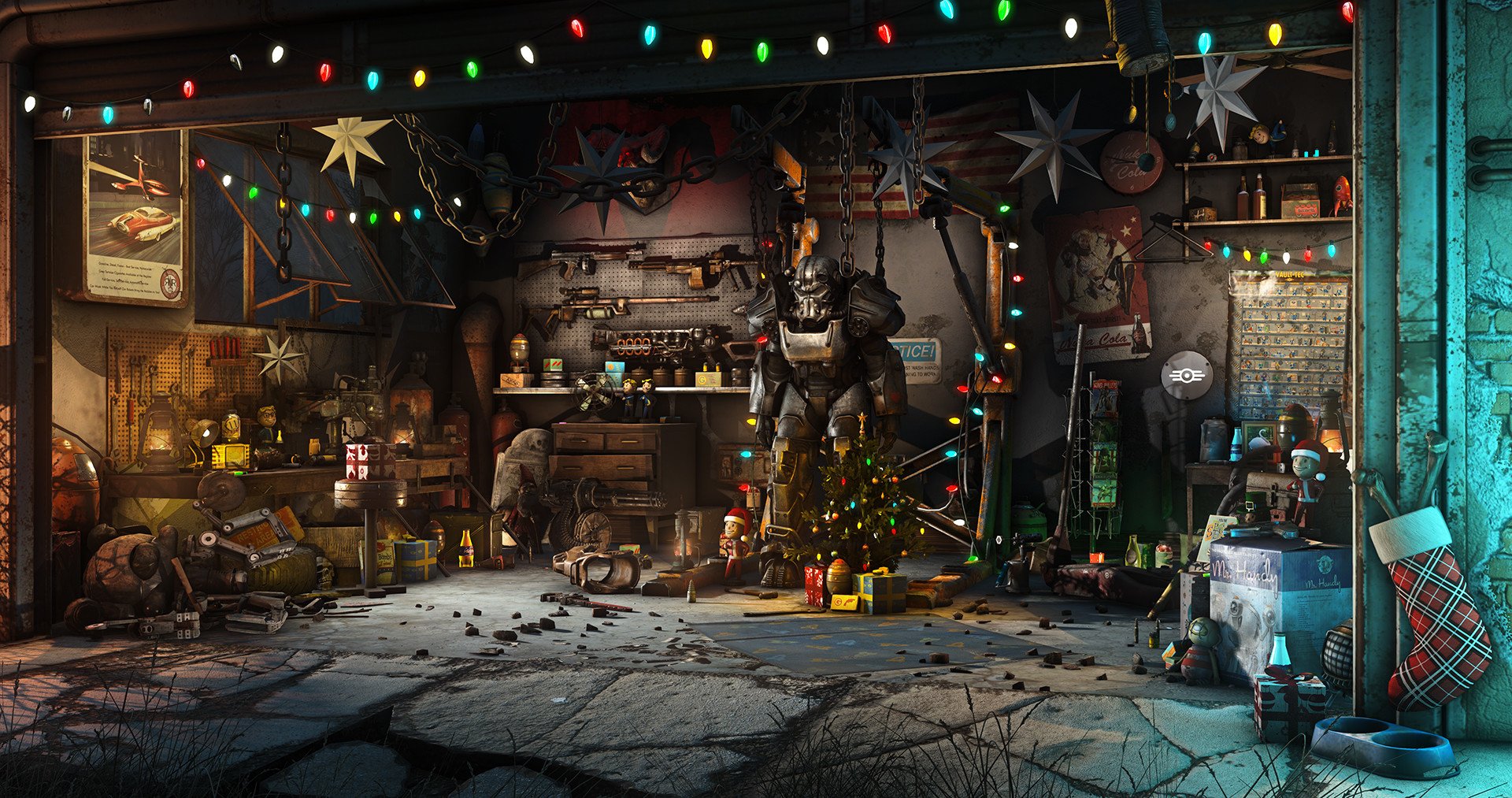 A detailed Fallout 4 scene featuring a workshop decorated with Christmas lights, a small tree, and armor displayed prominently in the center.