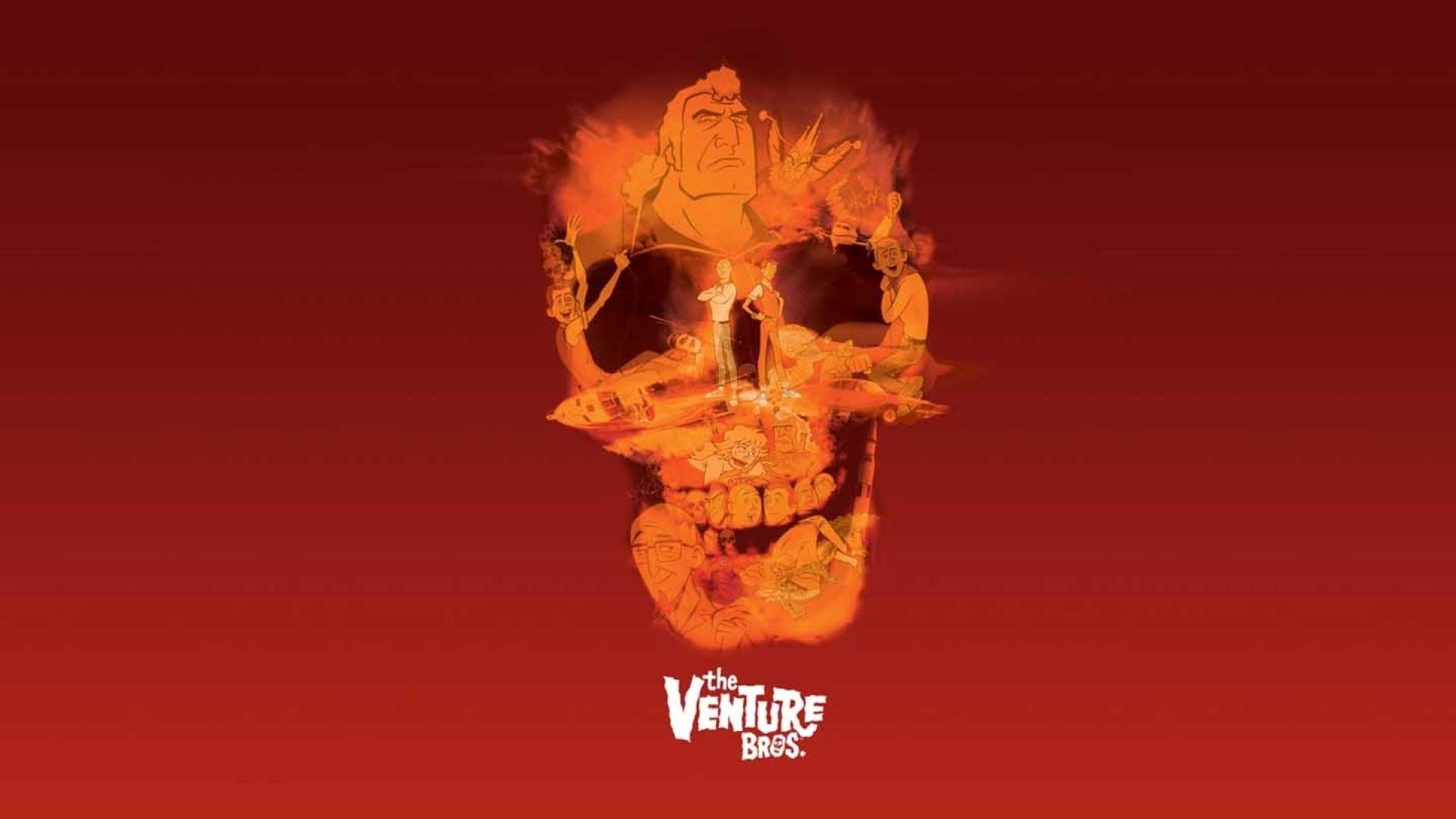 TV show The Venture Bros. poster: an orange skull made from characters and scenes against a red backdrop with the series logo.