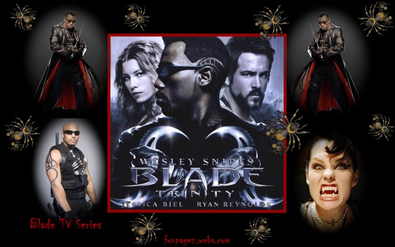 Promotional image for the movie Blade: Trinity featuring Wesley Snipes, Kate Beckinsale, and Ryan Reynolds surrounded by vampire-themed visuals.