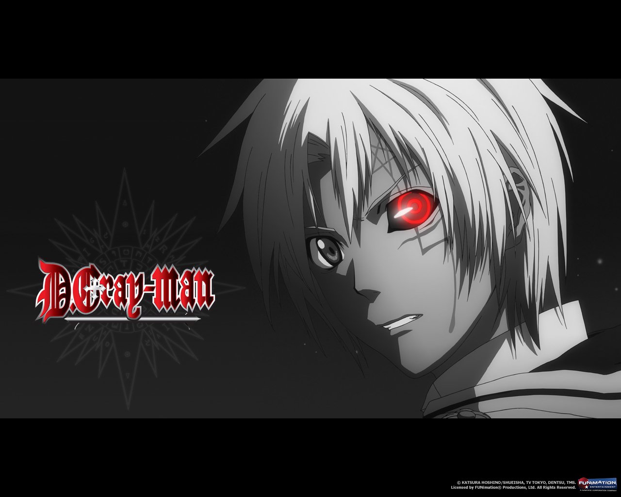 A character from the anime D.Gray-man stares intensely, showcasing striking red eyes against a dark background, with the series title prominently displayed.