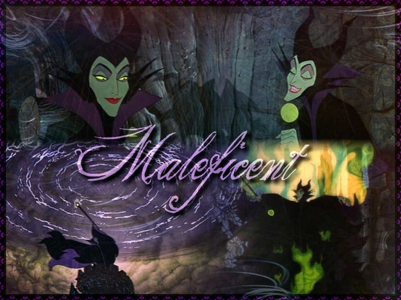 Collage of Disney villain Maleficent from the 1959 movie Sleeping Beauty: three horned-headdress poses, glowing green eyes, swirling purple magic and a shadowy dragon silhouette.