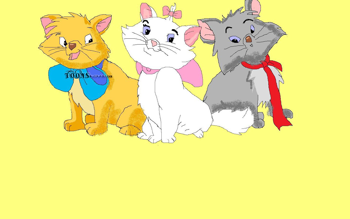 Three animated cats from the movie The Aristocats sit together, each wearing a colorful bow: blue, pink, and red.