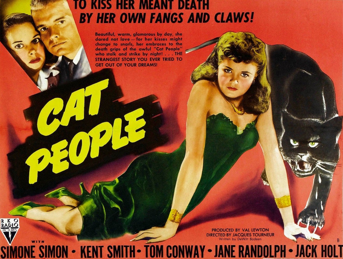 Poster for the movie Cat People (1942): a woman in a green gown crouches beside a snarling black panther on a red background, bold yellow title lettering and dramatic taglines.
