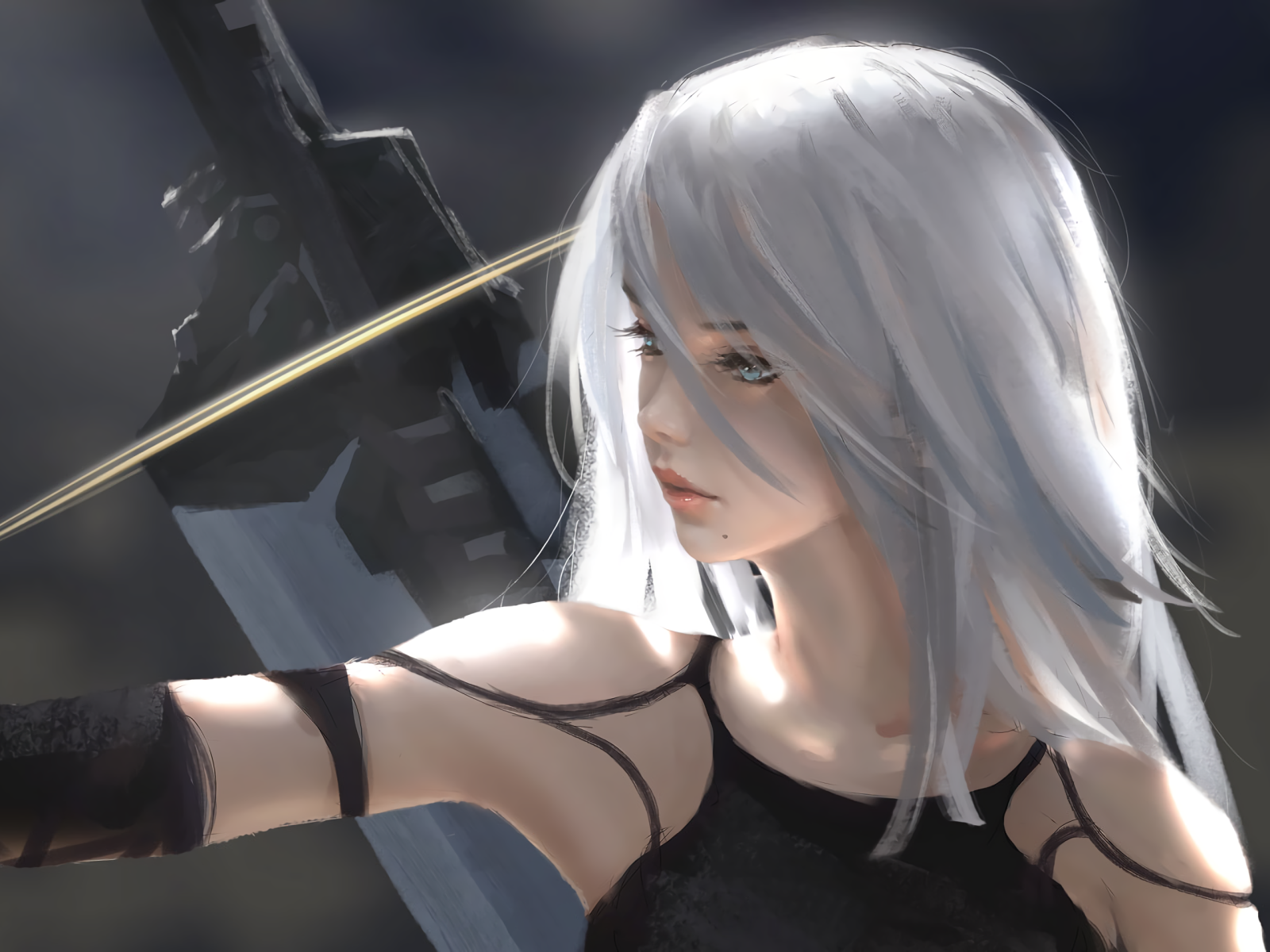 YoRHa Type A No.2 (A2) from NieR: Automata — white‑haired android in a black combat dress, gazing sideways while holding a massive sword.