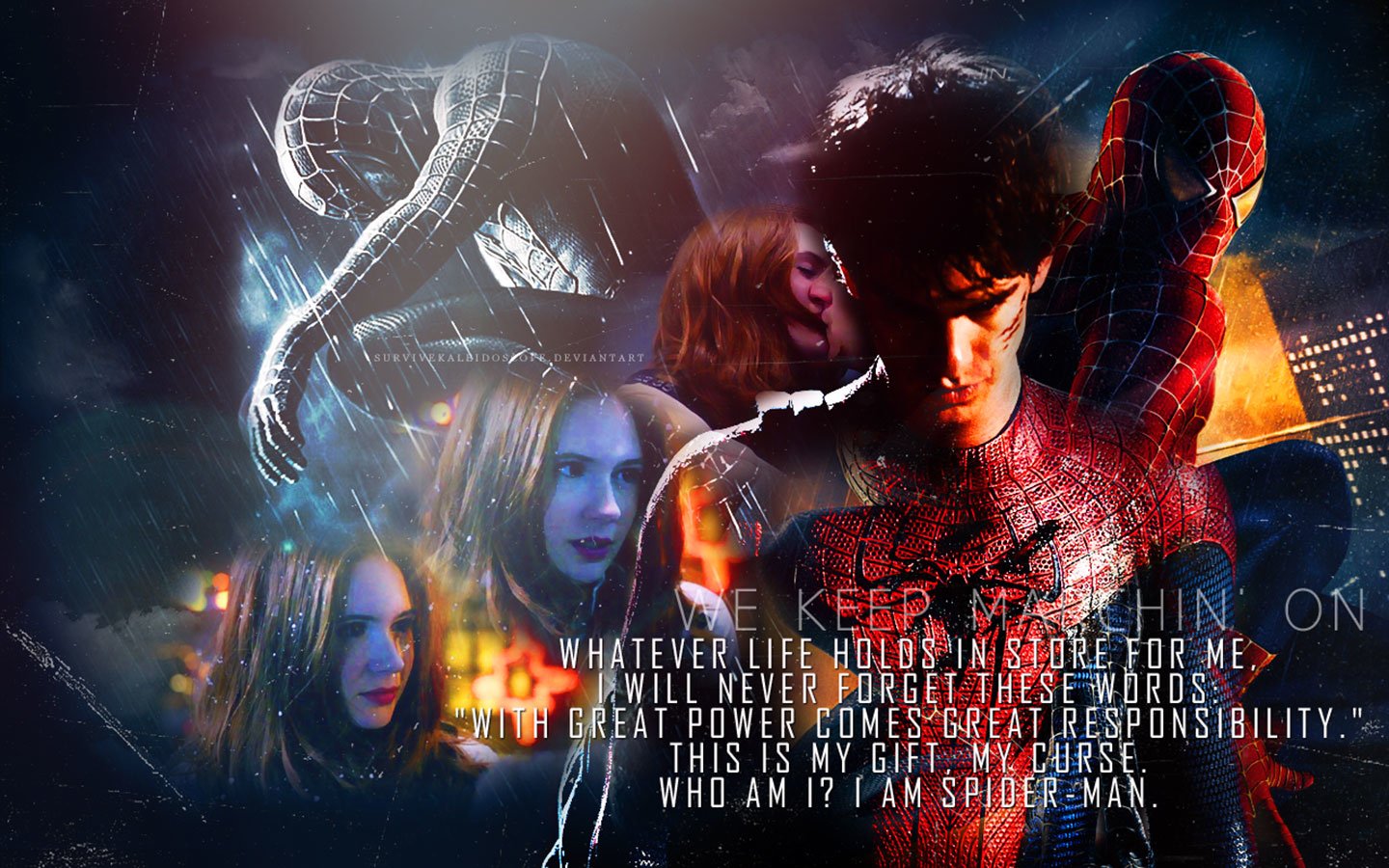 A montage featuring Mary Jane Watson and Peter Parker from *The Amazing Spider-Man*, showcasing Spider-Man in action with poignant quotes about responsibility and identity.
