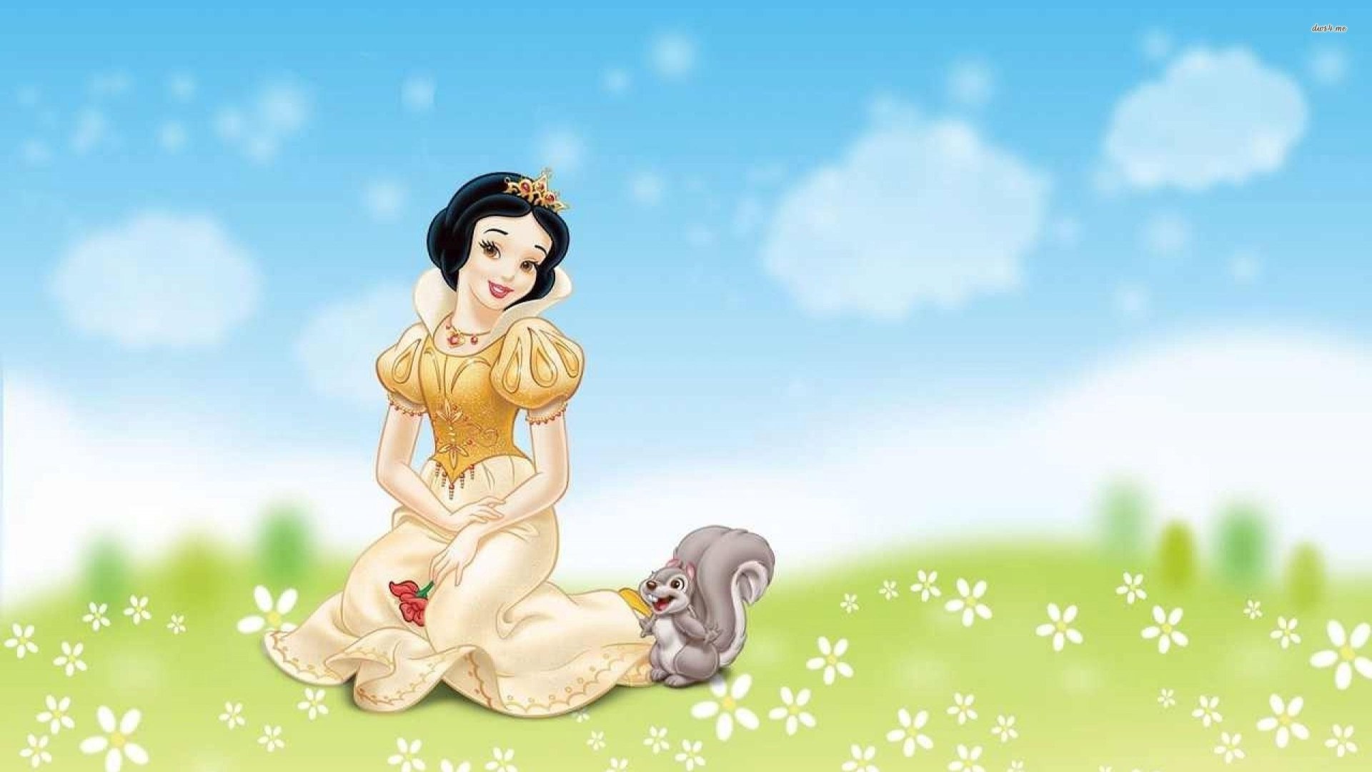 Snow White, from the movie Snow White and the Seven Dwarfs, sits in a sunny meadow holding an apple while a squirrel nuzzles beside her.