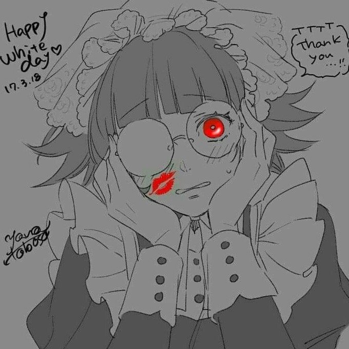 Mey-Lin (Black Butler) from the Black Butler anime: grayscale maid portrait with a cracked monocle and glowing red eye, a lipstick kiss on her cheek and hands framing her face.