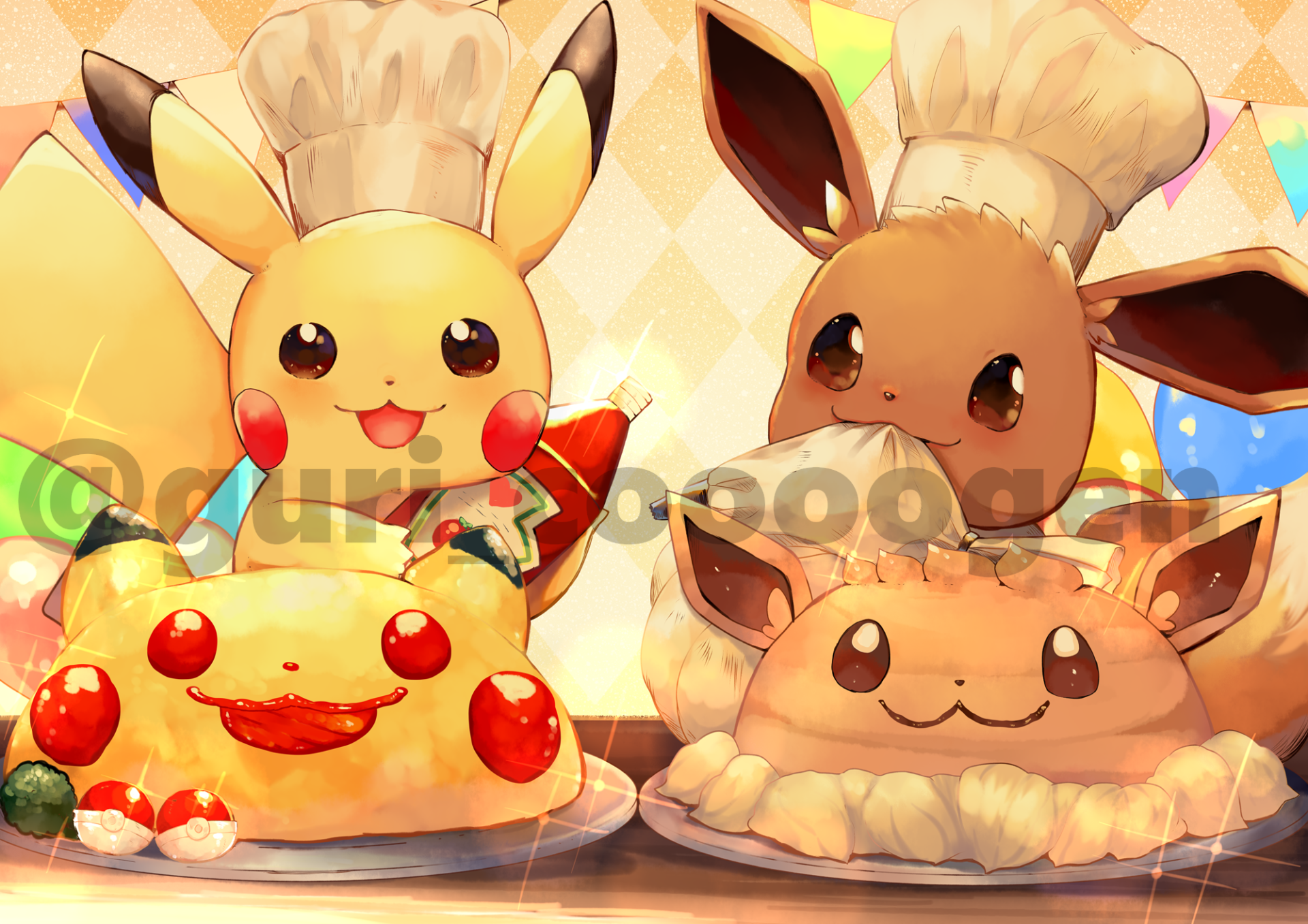 Anime-style Pokémon scene: Pikachu and Eevee (Pokémon) in chef hats, smiling beside adorable Pikachu- and Eevee-shaped pastries.