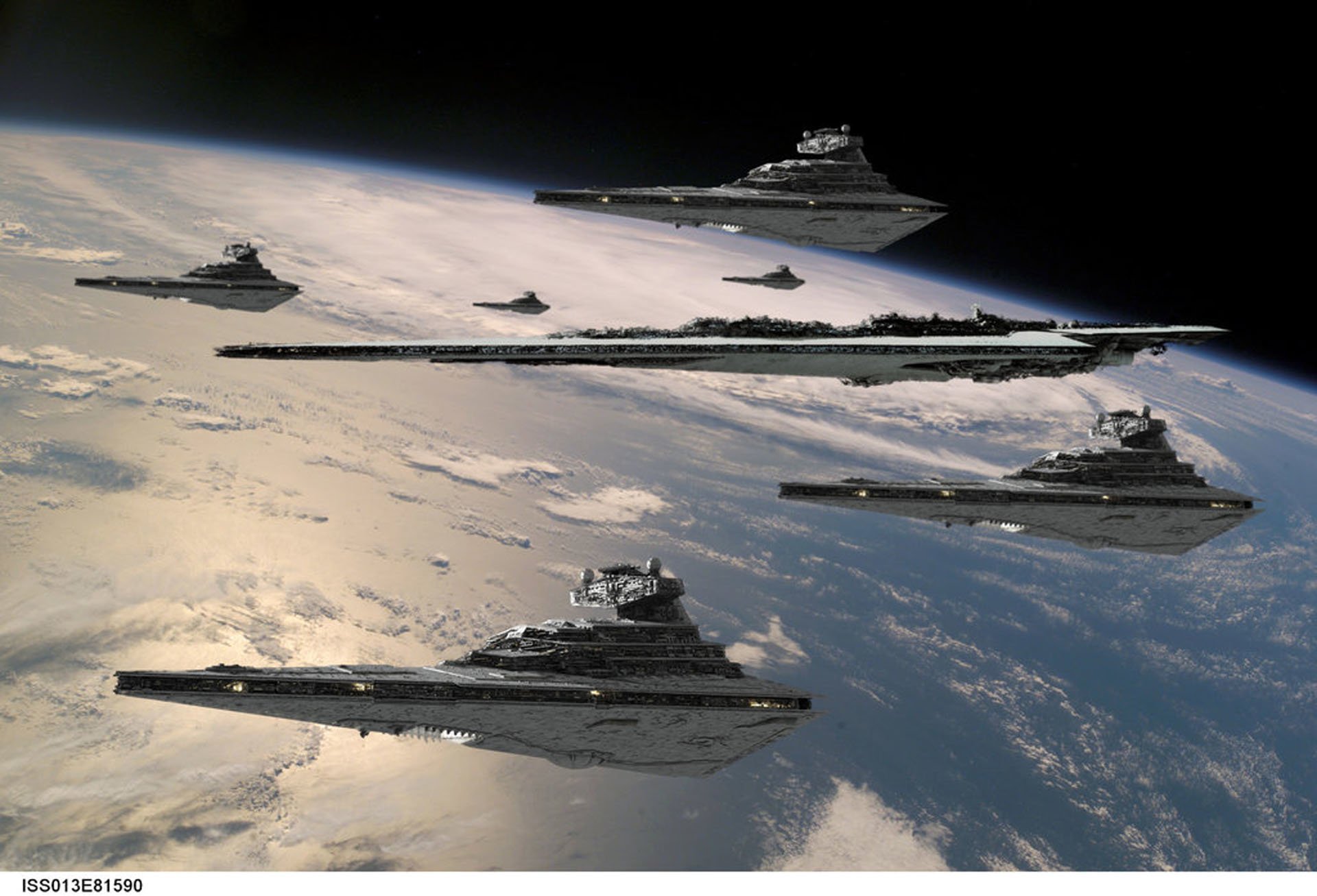 A fleet of Star Destroyers from the Star Wars universe hovers above Earth, showcasing impressive sci-fi design amidst the backdrop of space.