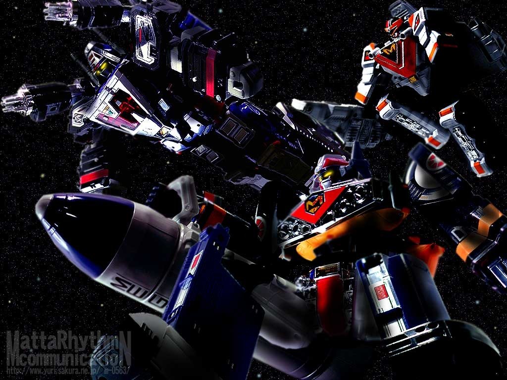 A dynamic image of Megazord from the Power Rangers TV show, featuring its iconic robot form surrounded by spacecraft elements in a cosmic backdrop.
