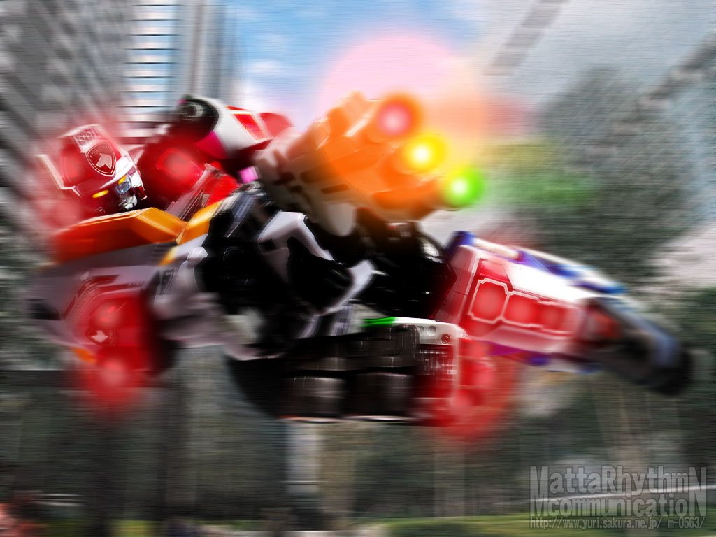 A dynamic illustration of the Megazord from the TV show Power Rangers, showcasing its iconic features and vibrant colors as it moves through a city landscape.