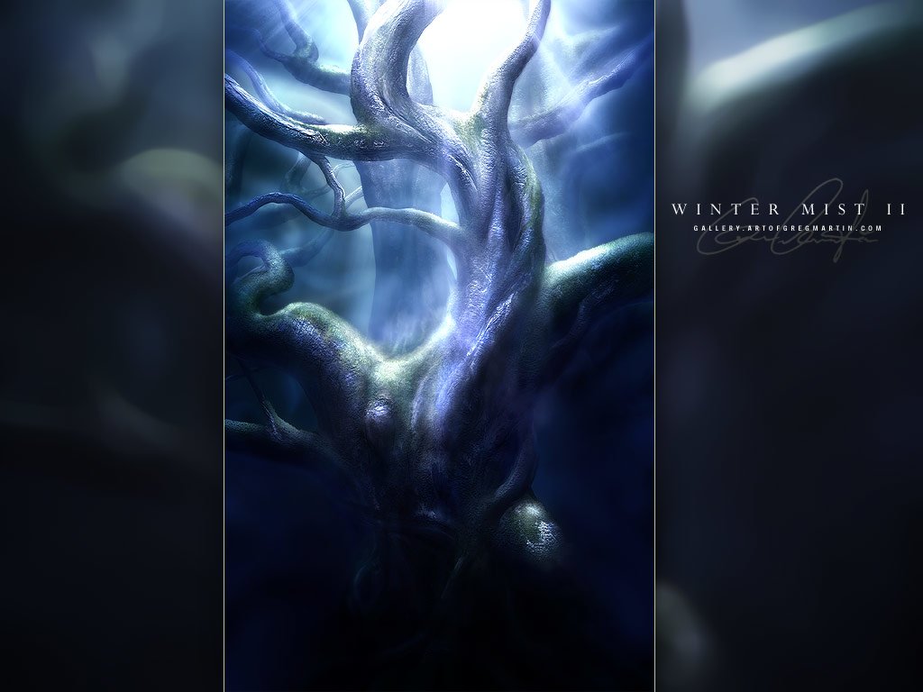 An abstract image featuring intricate, twisting forms amidst a deep blue haze, illuminated by soft lighting, evoking a mystical, ethereal atmosphere.