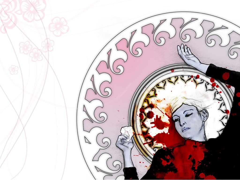 An artistic depiction of a human figure, reclining within a decorative circular design, features striking contrasts of red and white, evoking deep emotion and intrigue.