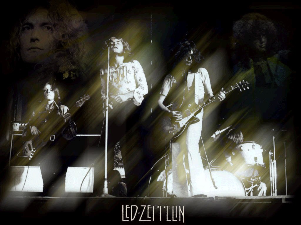 A dynamic collage of Led Zeppelin performing, featuring the iconic band members in action on stage, showcasing their electric energy and musical legacy.