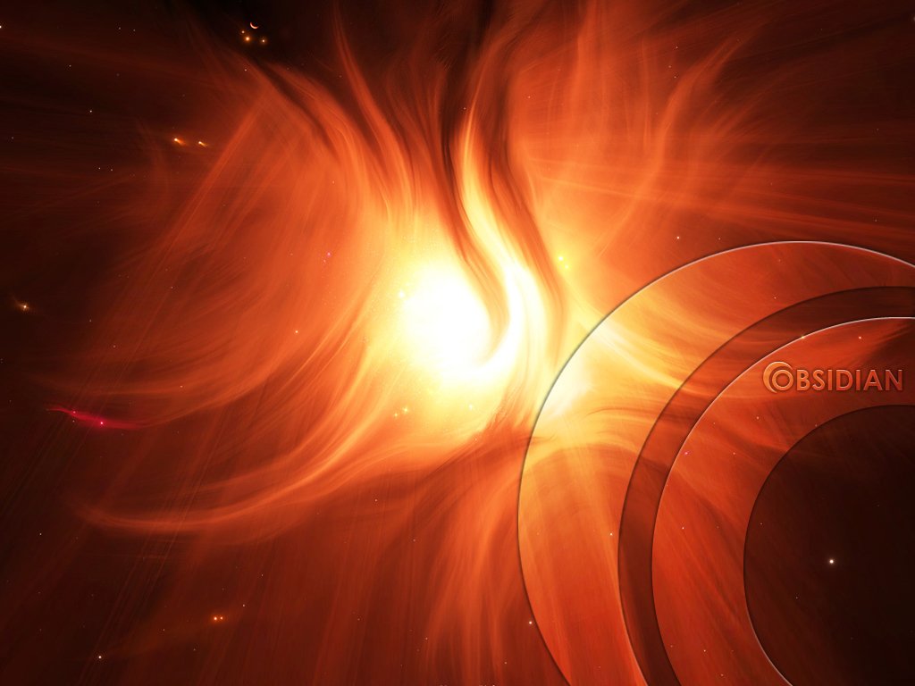 An abstract design featuring vibrant orange swirls radiating from a bright core, complemented by cool circular shapes, creating an intriguing visual effect.