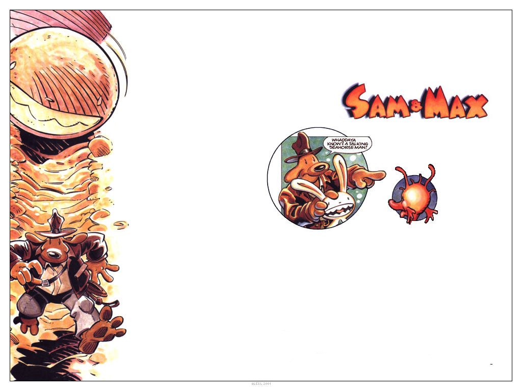 Sam & Max comic art: Sam in a trench coat and hat with a smug grin, Max the rabbity partner bouncing beside a floating robotic orb; Sam & Max logo in the corner.