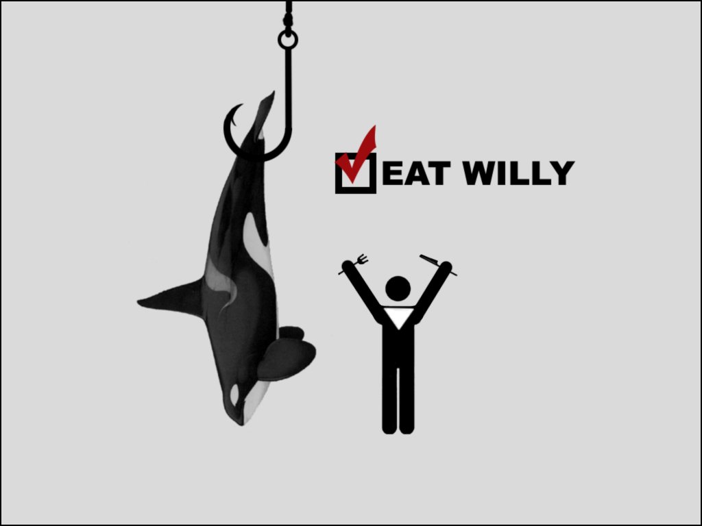 A cartoonish depiction of an orca hanging from a hook, alongside a stick figure celebrating, with the text MEAT WILLY, evoking humor and a sense of dark irony.