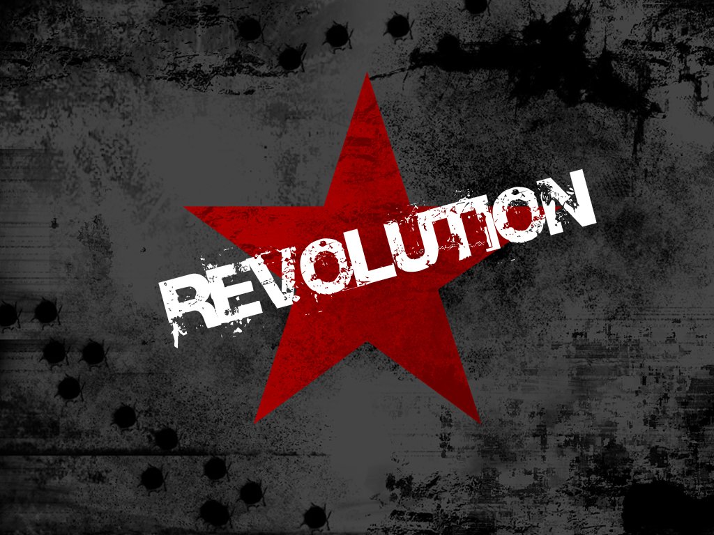A bold red star with the word REVOLUTION in distressed white text, set against a textured black background. Image tagged as Misc, unknown.
