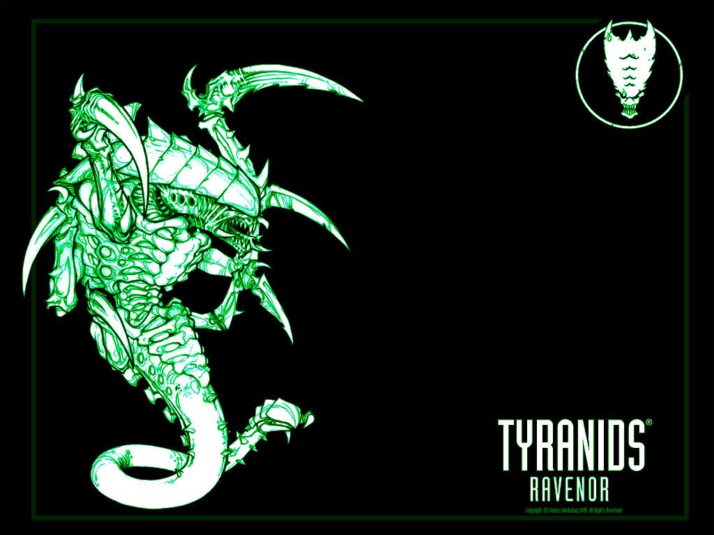 Tyranids Ravenor artwork from a Warhammer 40k video game: neon-green chitinous alien with scything claws and a whip-like tail on a black background.
