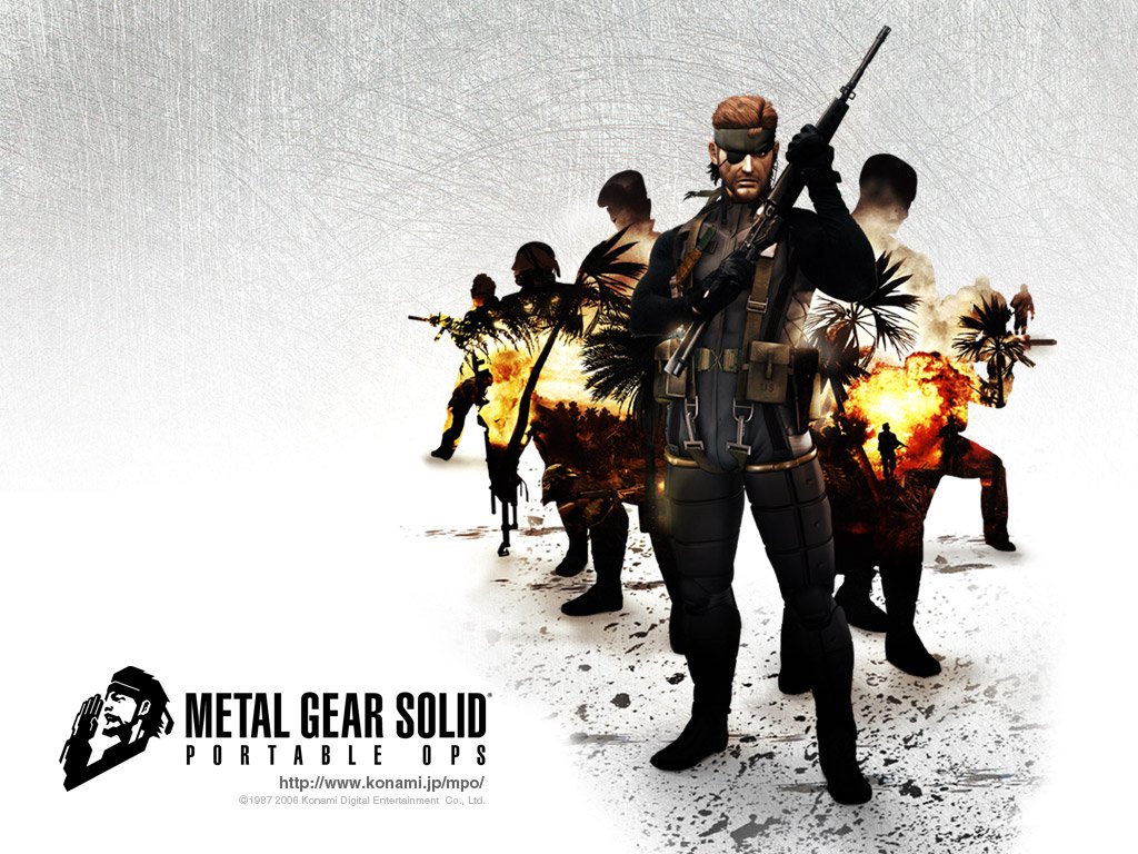 Promotional image for Konami’s Metal Gear Solid Portable Ops video game featuring armed characters in combat poses with explosive background elements.