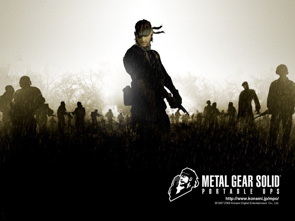 Silhouetted character from Konami’s Metal Gear Solid video game stands ready in a foggy field surrounded by shadowy figures, promoting Metal Gear Solid Portable Ops.