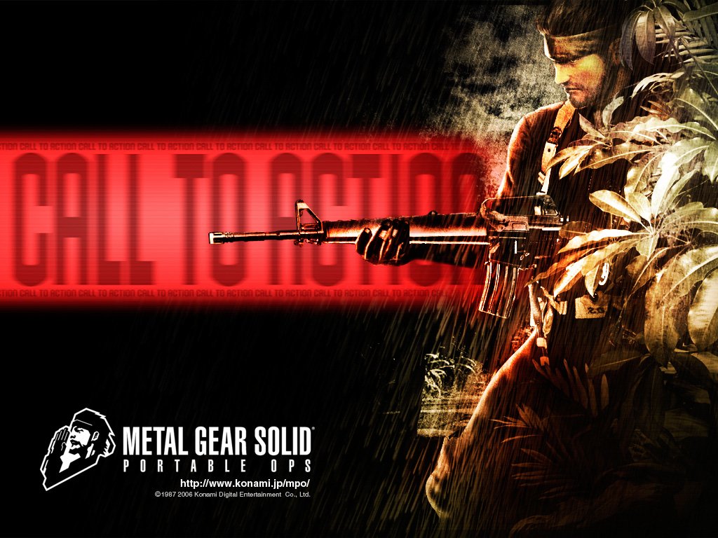Artwork from Konami's Metal Gear Solid Portable Ops video game featuring a soldier aiming a rifle with the text Call to Action in bold red letters.