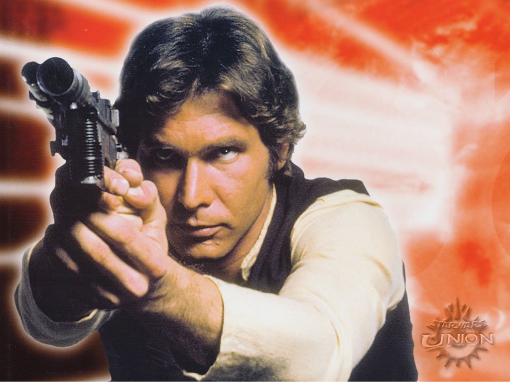 Harrison Ford as Han Solo points his blaster in a dynamic pose, set against a vibrant background, capturing the essence of his iconic character in the Star Wars movie saga.